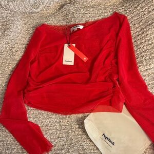 Popilush Women's Red Sheer Mesh Top